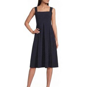 Donna Karan NWOT Sleeveless black Pleated Square neck Midi Linen Dress, 10